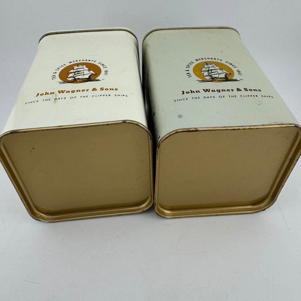 John Wagner & Sons Tea Tins 5oz Cream Vintage Spice Nutmeg Cinnamon Set of 2